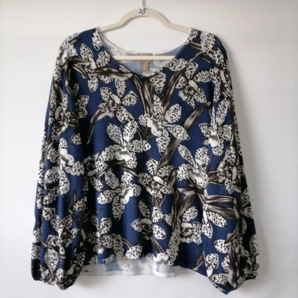 Vintage Chico's Womens Navy Blue Round Neck Floral Pullover Sweater Size 2 US L